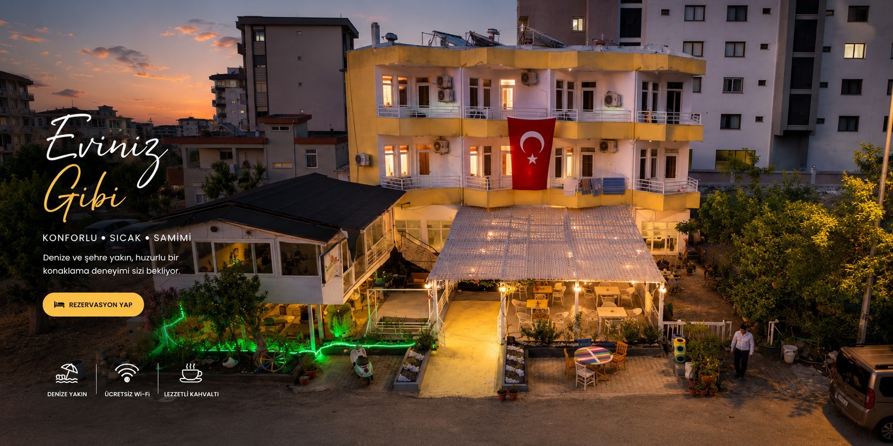 Bütün bir yılın yorgunluğunu atmak, şehrin gürültüsünden uzak, sakin,temiz, güvenli bir tatil yapmak,Dinlenirken eğlenmek, tarih ve doğa ile içiçe yaşamak istiyorsanız doğru adrestesiniz ....   Gönlünüze göre bir tatil ortamı sağlamaktadır. Denize 100 Mt.